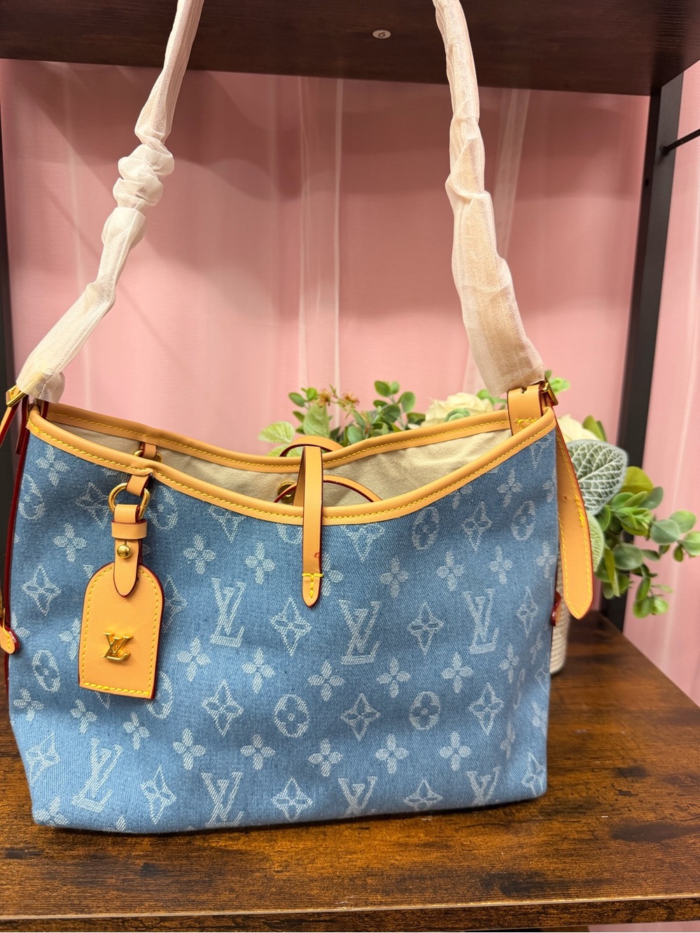 LV Blue Monogram Denim Shoulder Bag with Tan Leather Trim